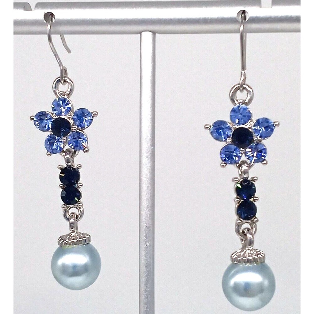 Flower Blue Crystal Rhinestones Earrings Faux Pearls Pierced Silver Tone Hook